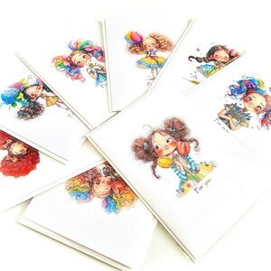 Handmade 5”x7” Whimsical Girl Artisan Greeting Card Blank Inside Set of 8